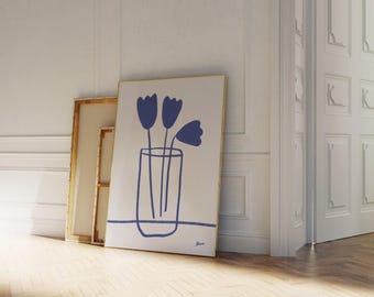 Blue flowers poster, Scandi style decor, Blue botanical art, Tulips poster, Danish pastel art, Navy blue home decor, Coastal wall art, Cute