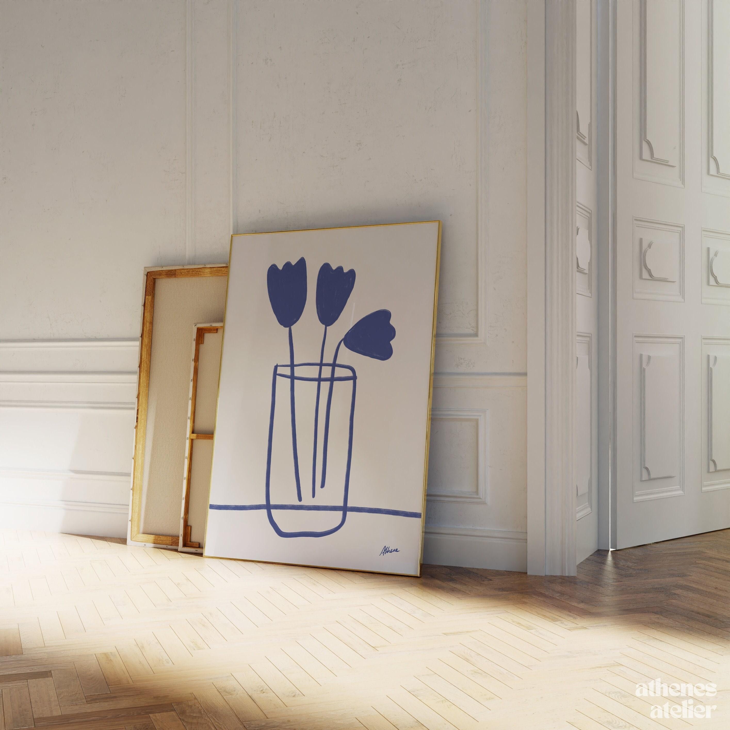 Blue flowers poster, Scandi style decor, Blue botanical art, Tulips poster, Danish pastel art, Navy blue home decor, Coastal wall art, Cute