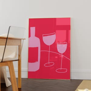 Wine Poster, bar cart print, bar accessories, apartment decor aesthetic, mid century prints, pink and red, bar cart art simple, colorful bar