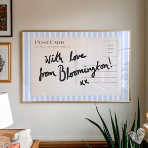Bloomington wall art, horizontal above bed art, narrow wall art, blue and white stripes, trending wall art, postcard print, with love from