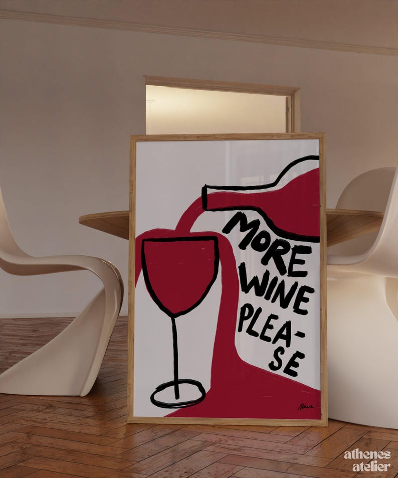 More Wine Please | Funny wine print, Hand drawn, Boho style, Fun kitchen art, Aesthetic wall art, Pinterest style, Simple hand drawn, Boho image 3