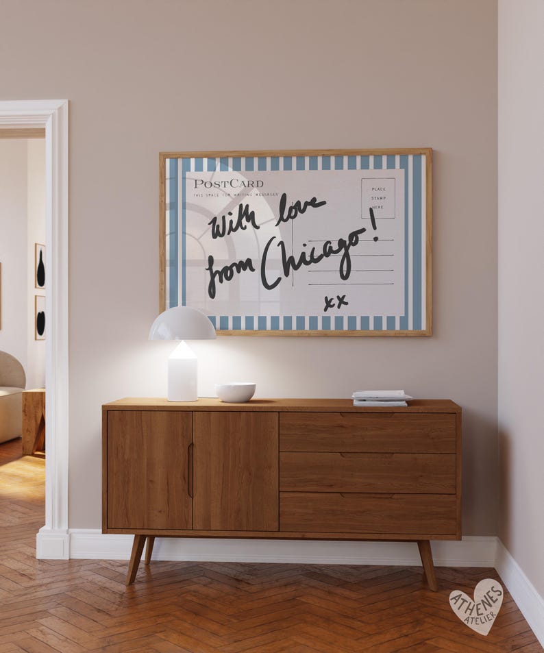Chicago wall art, horizontal above bed art, narrow wall art, vintage Chicago art, blue and white stripes, postcard prints, college dorm room image 3