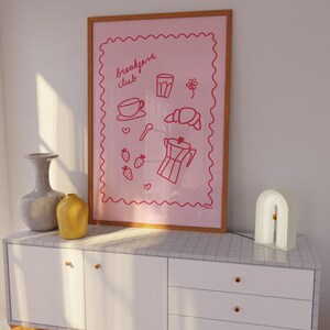 Breakfast club poster, hand drawn posters, fun kitchen wall art, light pink dopamine decor, retro food print, cooking poster apartment art image 3