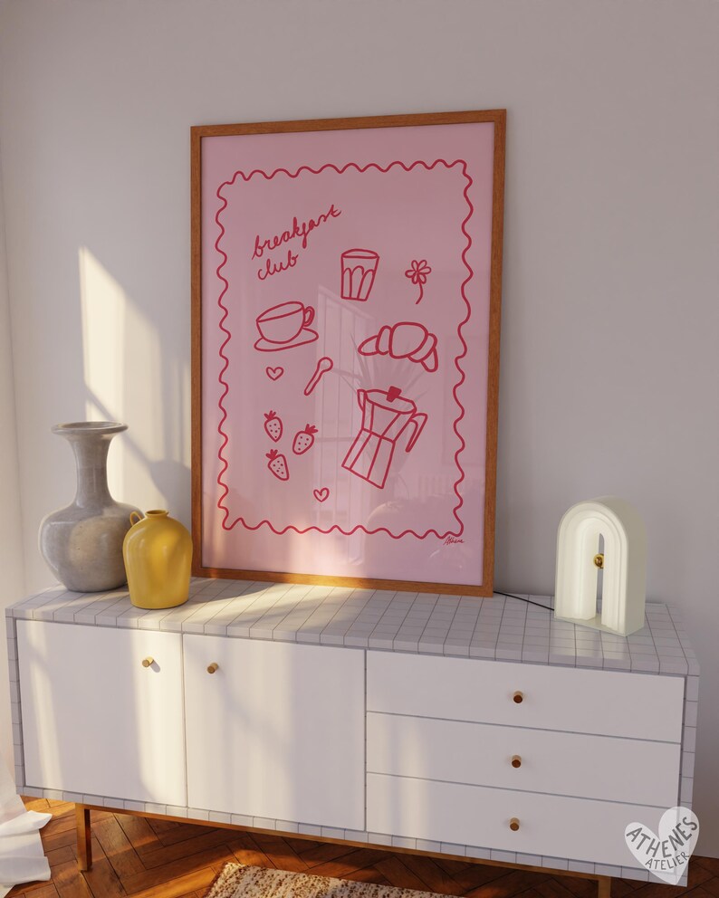 Breakfast club poster, hand drawn posters, fun kitchen wall art, light pink dopamine decor, retro food print, cooking poster apartment art image 3