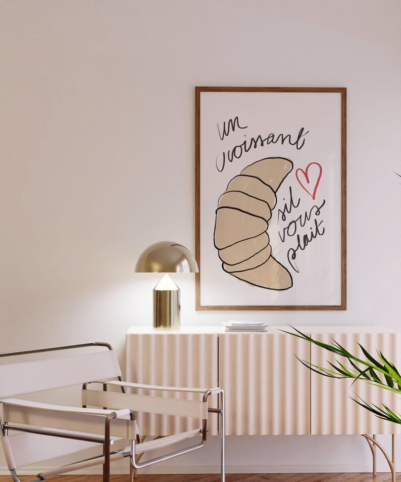 Croissant art print, French quote poster, Cute kitchen prints, Breakfast wall art, Mid century decor, Parisian wall art, Breakfast prints, image 4