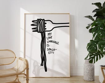 Spaghetti poster |  Pasta poster, Aesthetic kitchen print, Fun kitchen, Hand drawn, Boho print, Pinterest style, Food illustration, Simple