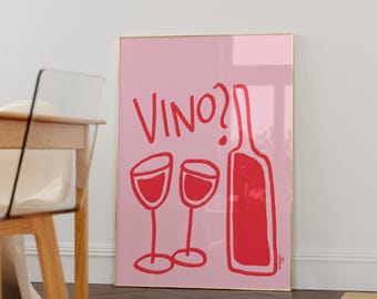 Wine poster, Pink and red kitchen art, Bar cart decor, Bar cart art, College apartment decor, Girl apartment, Light pink wall art, Aesthetic