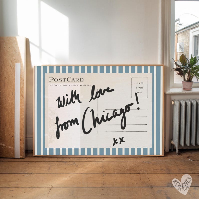 Chicago wall art, horizontal above bed art, narrow wall art, vintage Chicago art, blue and white stripes, postcard prints, college dorm room image 4