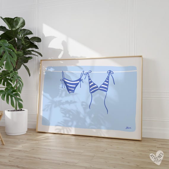 Horizontal bikini print in light blue, beachy wall art, above bed prints, above couch art, coastal cowgirl, surf poster,meet me at the beach
