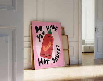 Hot Sauce print, Dopamine decor, Danish pastel, Light pink kitchen print, Aesthetic apartment prints, Kitchen wall art cute, Cute wall art