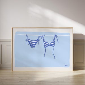 Horizontal bikini print in light blue, beachy wall art, above bed prints, above couch art, coastal cowgirl, surf poster,meet me at the beach image 4