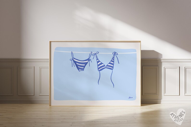 Horizontal bikini print in light blue, beachy wall art, above bed prints, above couch art, coastal cowgirl, surf poster,meet me at the beach image 4