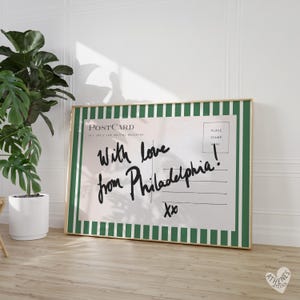 Kunst aan de muur Philadelphia, horizontale kunst boven het bed, smalle muurkunst, groene en witte strepen, trending kunst aan de muur, postkaartprint, retro Philadelphia