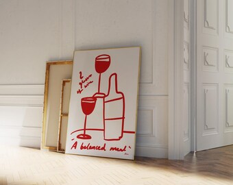 Wine poster, Mid century wall art hand drawn, Bar cart decor, Colorful kitchen art, Wine lover gift, First apartment, Cocktail art prints