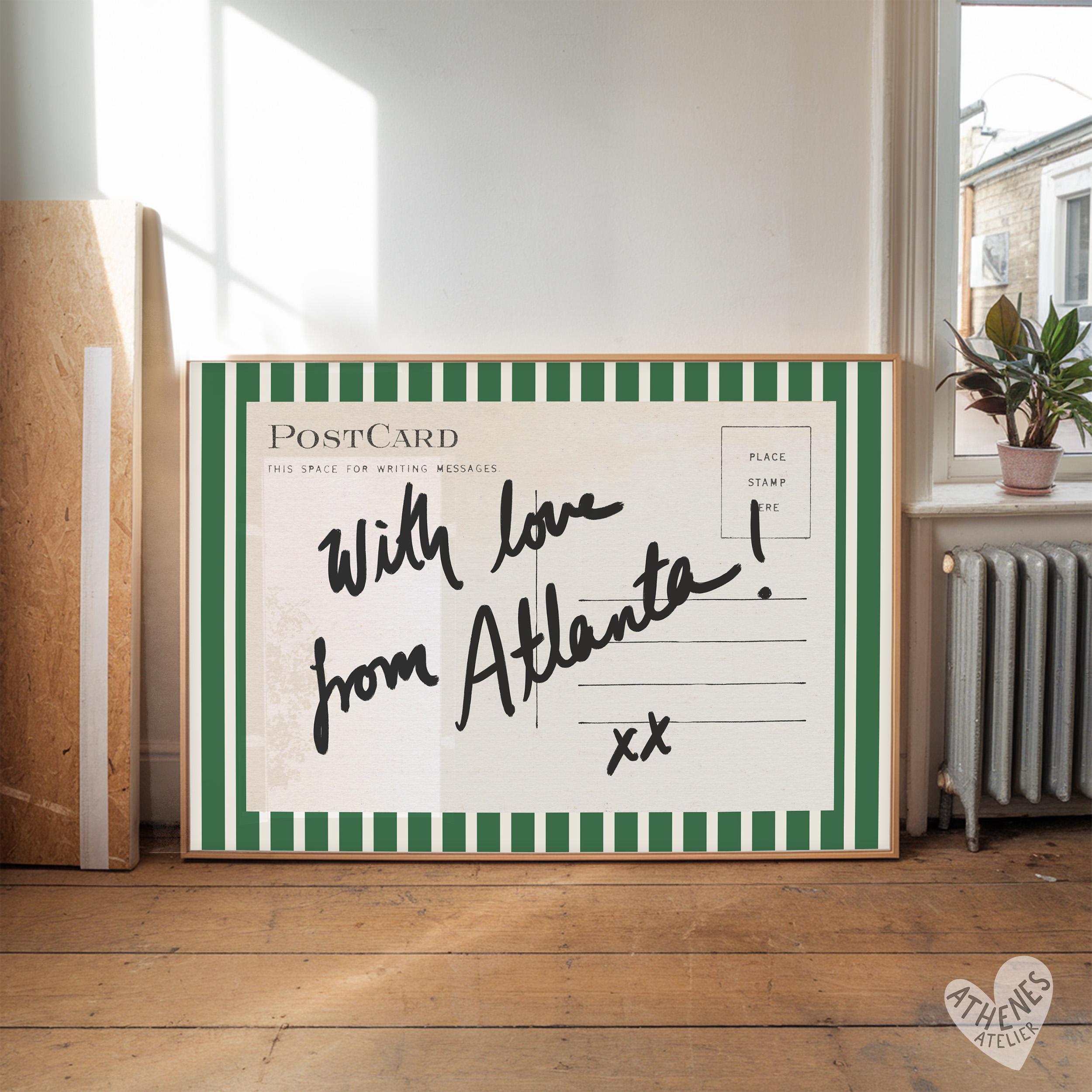Atlanta wall art, horizontal above bed art, narrow wall art, vintage Atlanta art, Retro Georgia prints, postcard prints with love from