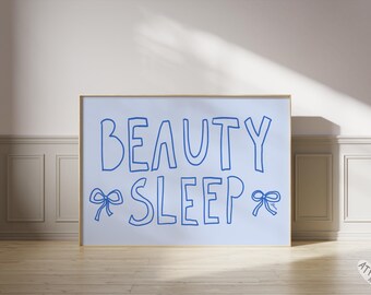 Beauty Sleep print, Above bed horizontal print, Danish pastel decor, Light blue prints, Coastal bedroom art beachy dorm, teen bedroom art
