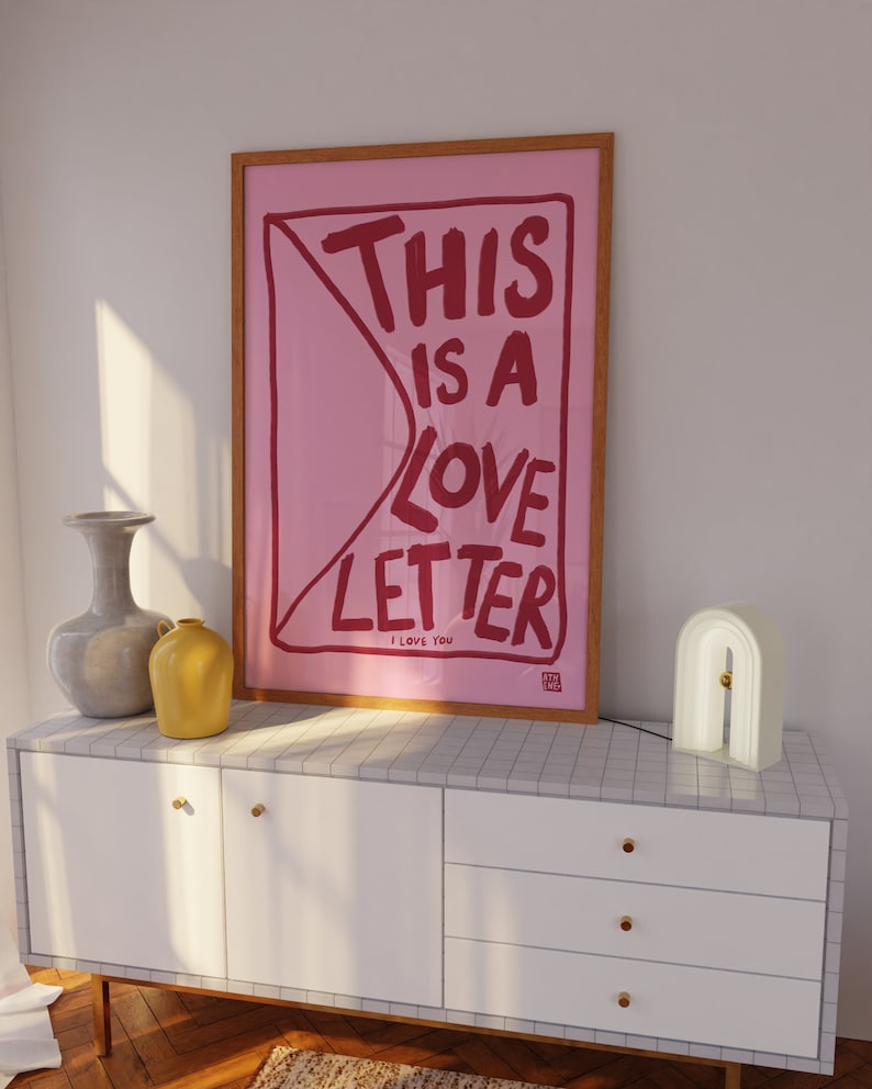 Love Letter Cute pastel, Illustration, Pink and red, Aesthetic wall art, Pinterest style, Hand drawn, Lovecore, Danish pastel, Boho style image 3