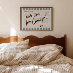 Chicago wall art, horizontal above bed art, narrow wall art, vintage Chicago art, blue and white stripes, postcard prints, college dorm room image 6