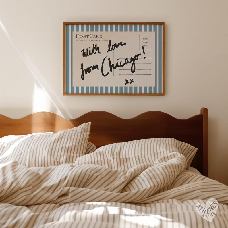 Chicago wall art, horizontal above bed art, narrow wall art, vintage Chicago art, blue and white stripes, postcard prints, college dorm room image 6