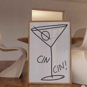Bar cart print, Martini wall art, bar cart accessories, apartment decor aesthetic, cocktail poster, bar cart art, line art prints martini image 2