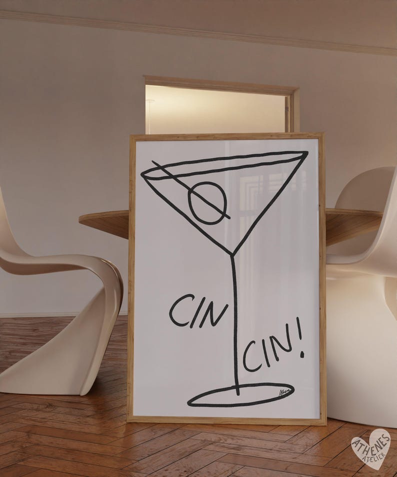 Bar cart print, Martini wall art, bar cart accessories, apartment decor aesthetic, cocktail poster, bar cart art, line art prints martini image 2