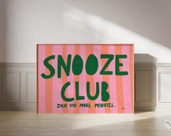 Snooze Club print, Horizontal above bed prints, Aesthetic home decor, Striped wall art, Teen girl bedroom, Dorm room decor,Trending wall art