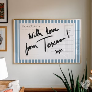 Texas wall art, horizontal above bed art, narrow wall art, blue and white stripes, trending wall art, postcard print with love from