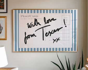 Texas wall art, horizontal above bed art, narrow wall art, blue and white stripes, trending wall art, postcard print with love from