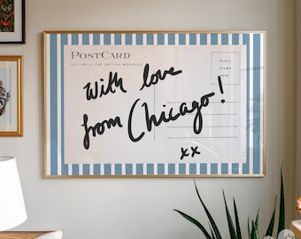 Chicago kunst aan de muur, horizontaal boven het bed kunst, kunst aan de smalle muur, vintage Chicago-kunst, blauwe en witte strepen, ansichtkaartafdrukken, studentenslaapzaal