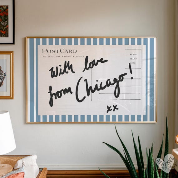 Chicago wall art, horizontal above bed art, narrow wall art, vintage Chicago art, blue and white stripes, postcard prints, college dorm room