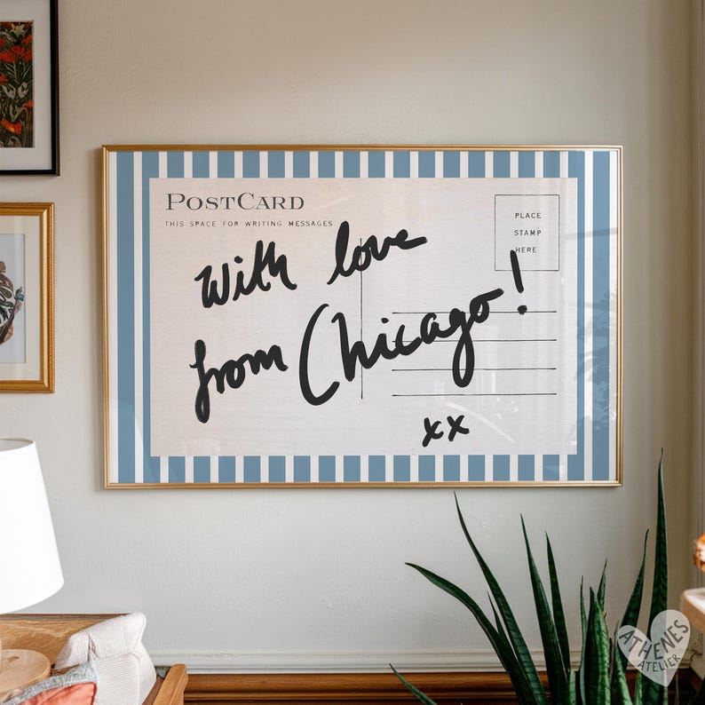 Chicago wall art, horizontal above bed art, narrow wall art, vintage Chicago art, blue and white stripes, postcard prints, college dorm room image 1