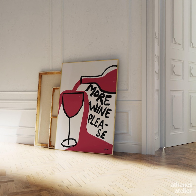 More Wine Please | Funny wine print, Hand drawn, Boho style, Fun kitchen art, Aesthetic wall art, Pinterest style, Simple hand drawn, Boho image 1