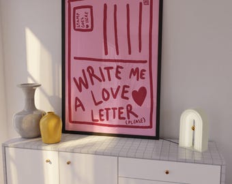 Love Letter print, Lovecore decor, Danish pastel decor, Dopamine decor, Pink and red wall art, Aesthetic apartment decor, bedroom wall art