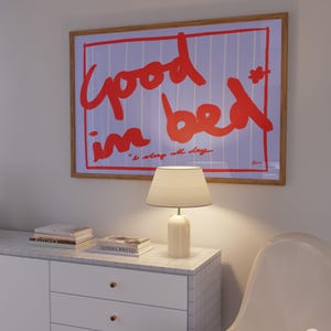 Good in Bed print, above bed wall, art first apartment decor, maximalist hand drawn art, indie room decor, dopamine decor, stripes wall art