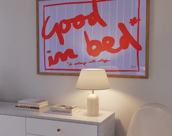Good in Bed print, above bed wall, art first apartment decor, maximalist hand drawn art, indie room decor, dopamine decor, stripes wall art