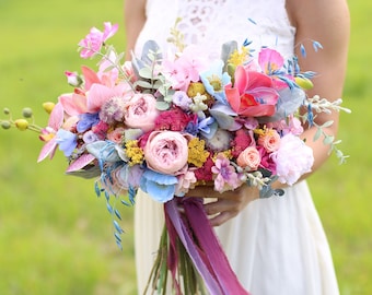 Colorful Peony Wedding Bouquet: Boho Bridal Flower Arrangement