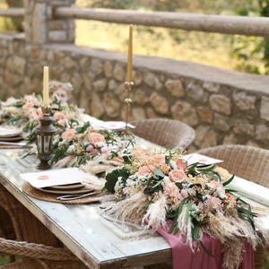 Table flower arrangement set of 3 pieces (25”x14”) handmade with preserved salmon roses, pampas grass, eucalyptus and gypsophila. Perfect centerpiece decor for boho rustic weddings and reception tables by GulFloraWedding.