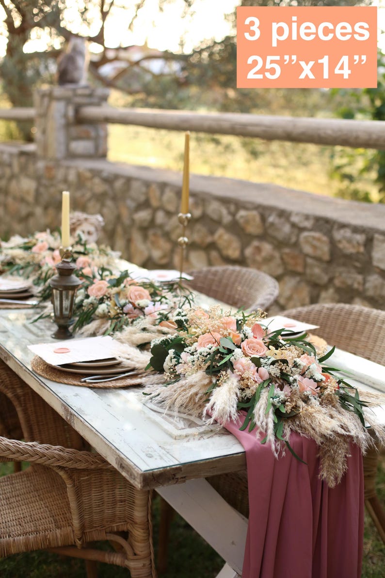 Table flower arrangement set of 3 pieces (25”x14”) handmade with preserved salmon roses, pampas grass, eucalyptus and gypsophila. Perfect centerpiece decor for boho rustic weddings and reception tables by GulFloraWedding.