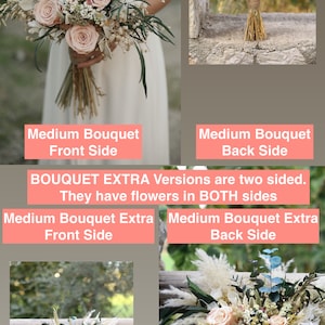 Medium salmon rose bridal bouquet front and back views compared with extra double-sided versions featuring preserved roses, eucalyptus, pampas grass and gypsophila — handmade boho rustic dried wedding bouquets by GulFloraWedding.