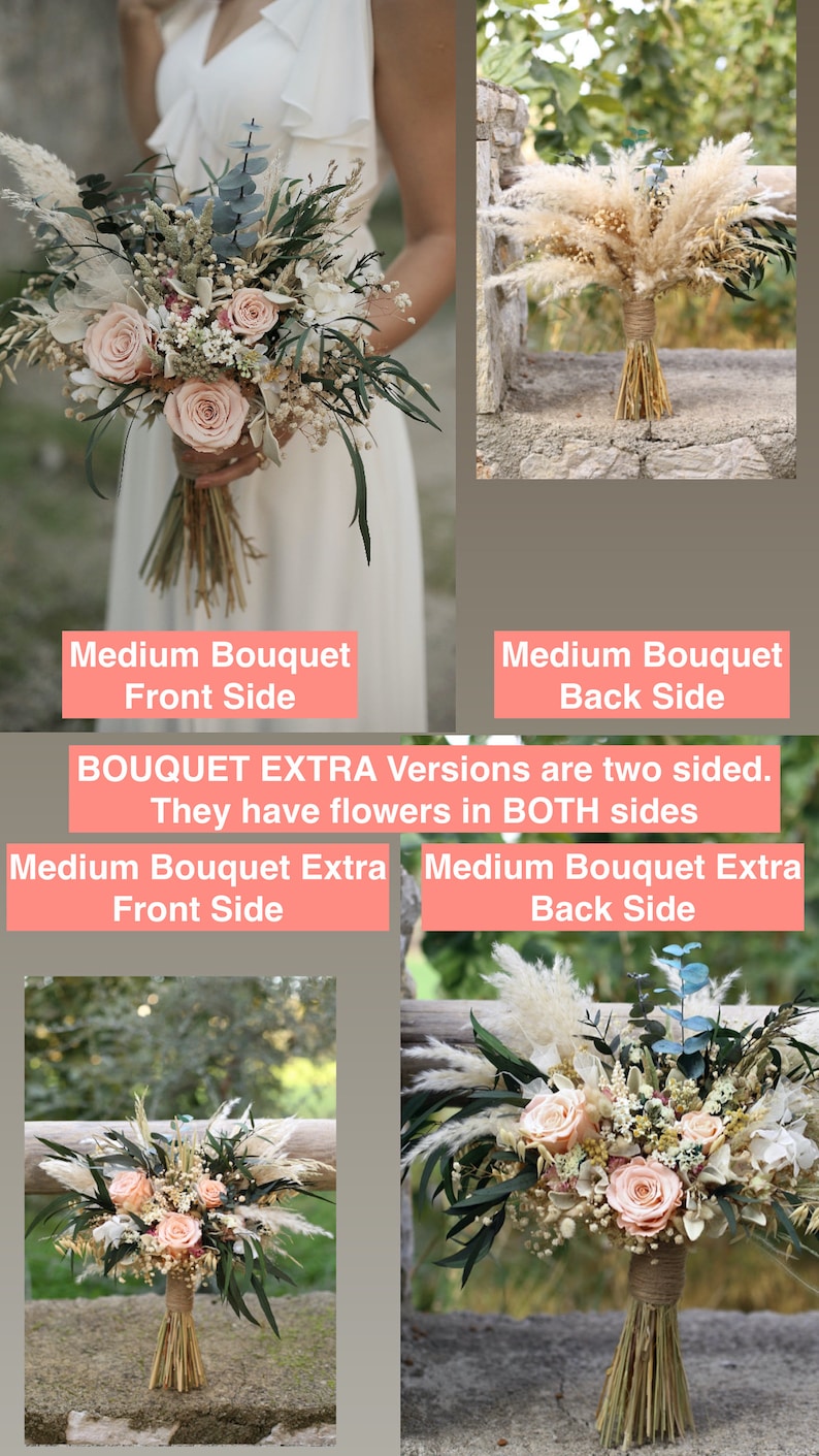 Medium salmon rose bridal bouquet front and back views compared with extra double-sided versions featuring preserved roses, eucalyptus, pampas grass and gypsophila — handmade boho rustic dried wedding bouquets by GulFloraWedding.