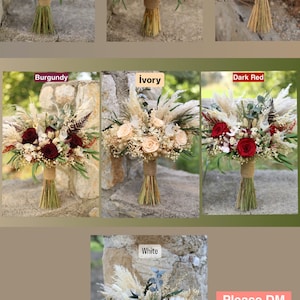 Dried and preserved wedding bouquets in multiple rose colors including salmon, blush pink, ivory, burgundy, dark red and white — handmade boho rustic bridal bouquets with pampas grass, eucalyptus and gypsophila by GulFloraWedding.