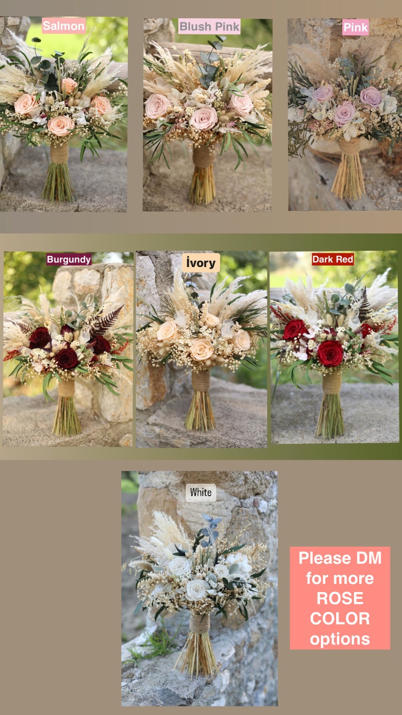 Dried and preserved wedding bouquets in multiple rose colors including salmon, blush pink, ivory, burgundy, dark red and white — handmade boho rustic bridal bouquets with pampas grass, eucalyptus and gypsophila by GulFloraWedding.