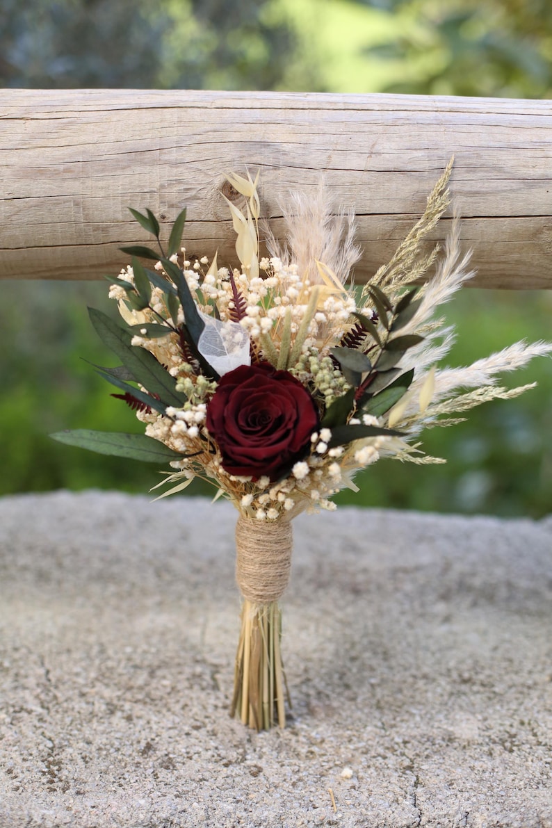 Burgundy Rose Bridal Bouquet | Dried Boho Wedding Flowers image 14
