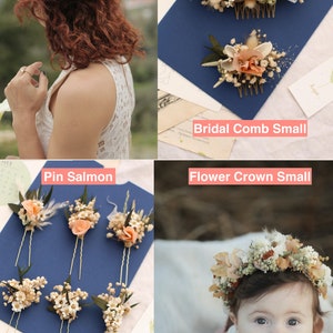 Matching wedding accessories set with dried and preserved flowers — bridal hair combs, floral pins in salmon and daisy styles, and a baby flower crown. Handmade by GulFloraWedding to coordinate with salmon rose bridal bouquets for boho rustic weddings.