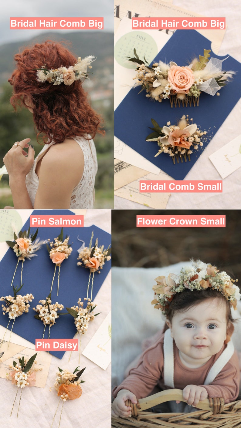Matching wedding accessories set with dried and preserved flowers — bridal hair combs, floral pins in salmon and daisy styles, and a baby flower crown. Handmade by GulFloraWedding to coordinate with salmon rose bridal bouquets for boho rustic weddings.