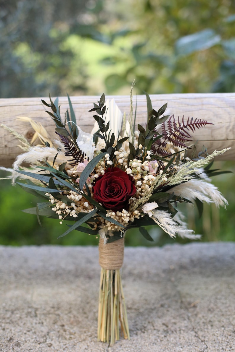 Burgundy Rose Bridal Bouquet | Dried Boho Wedding Flowers image 15