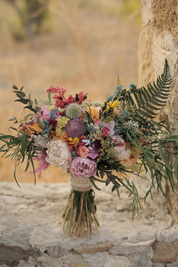 Boho Farbpalette Brautstrauß Getrocknete konservierte Blumen