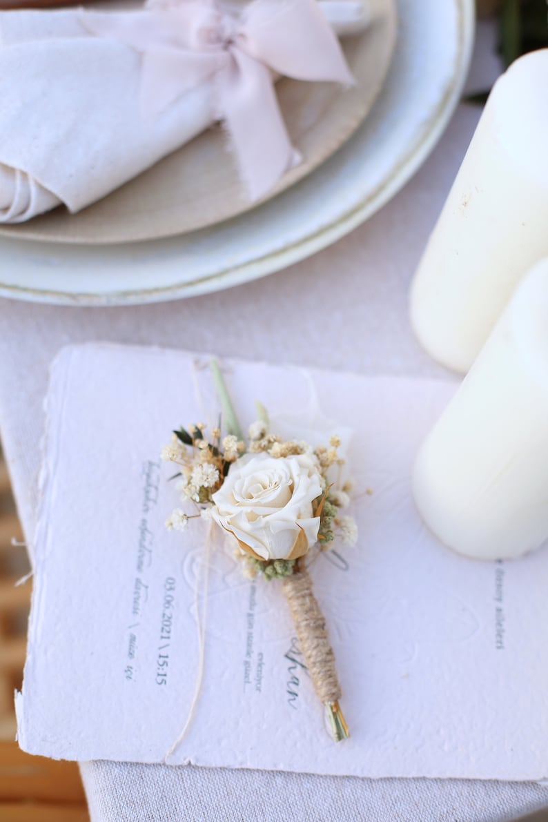 White Boutonnière, %100 Dried Boutonniere, Preserved Rose, Ivory Boutonnière, Boutonniere, Groom Boutonniere, Boho Boutonniere, Buttonhole image 2