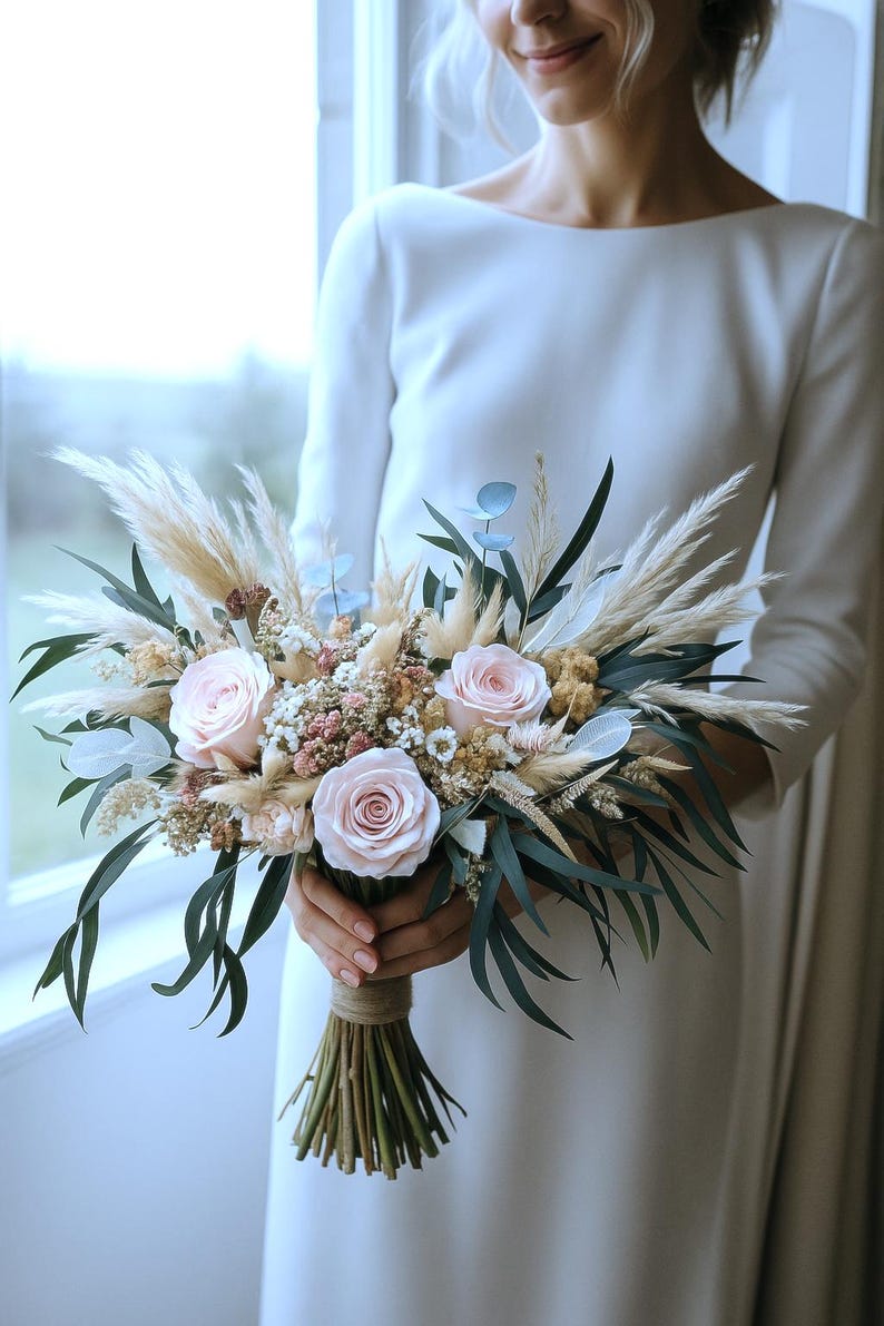 Blush Pink Bridal Bouquet | Dried Flower Boho Wedding Bouquet image 1
