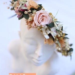 Bridal flower crown handmade with preserved salmon rose, eucalyptus, gypsophila and dried flowers. Elegant boho rustic headpiece designed by GulFloraWedding to match dried bridal bouquets and accessories for brides and bridesmaids.